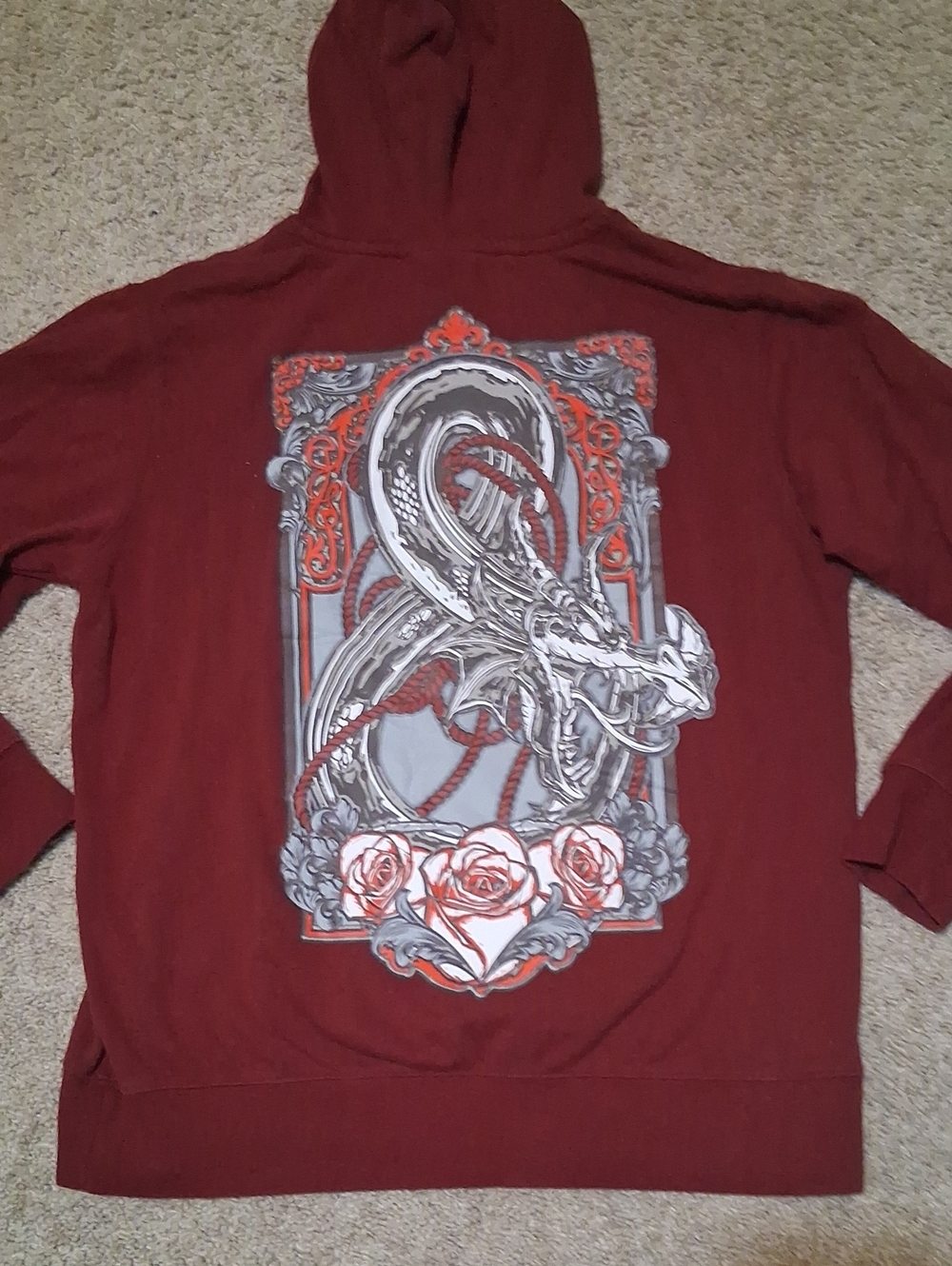 Men's Dungeons And  Dragons Red Zip-Up Hoodie Sweater with Dragon & Rose Graphic